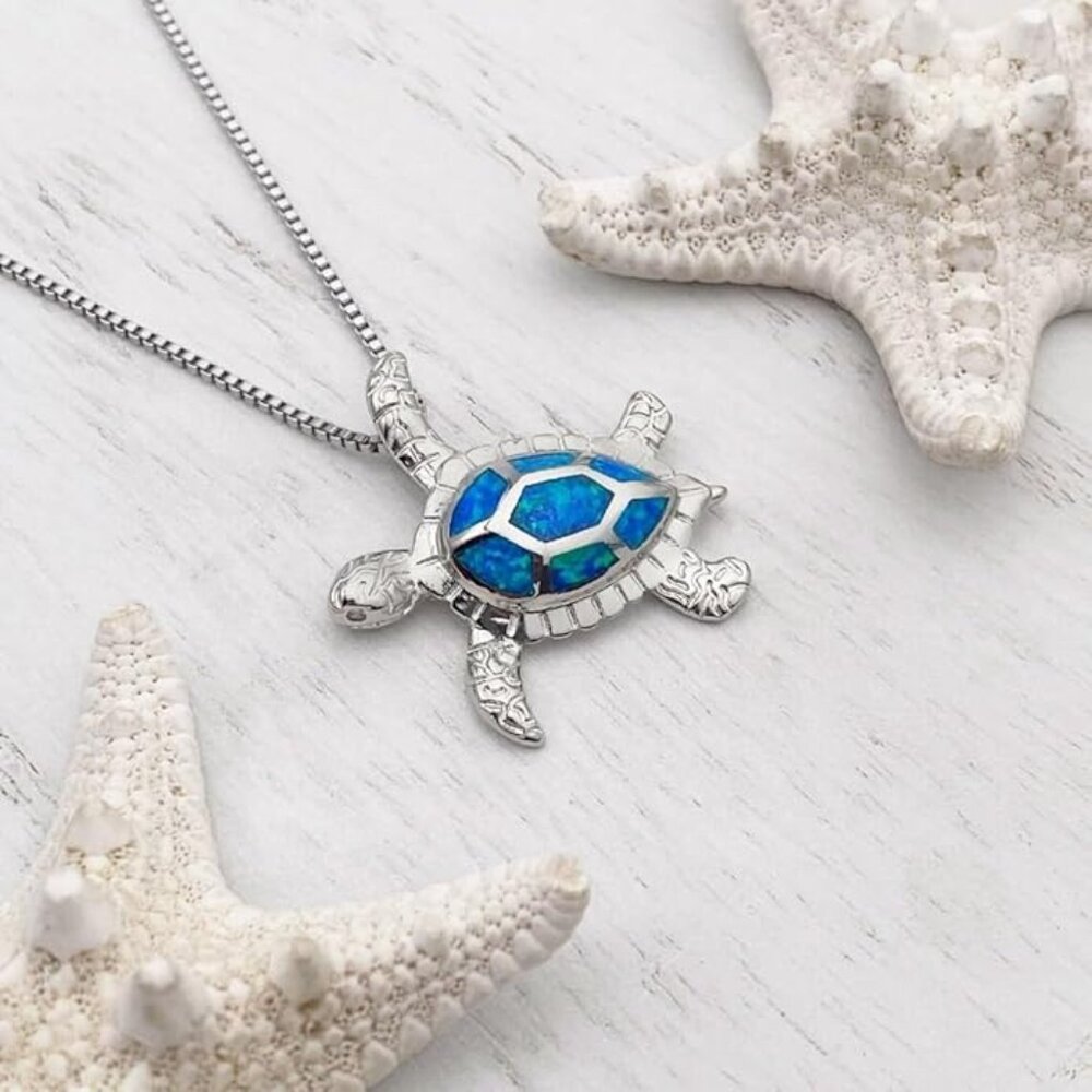Silver and Hawaiian Blue Opal Sea Turtle Pendant Fashion Necklace NWOT - Picture 4 of 8